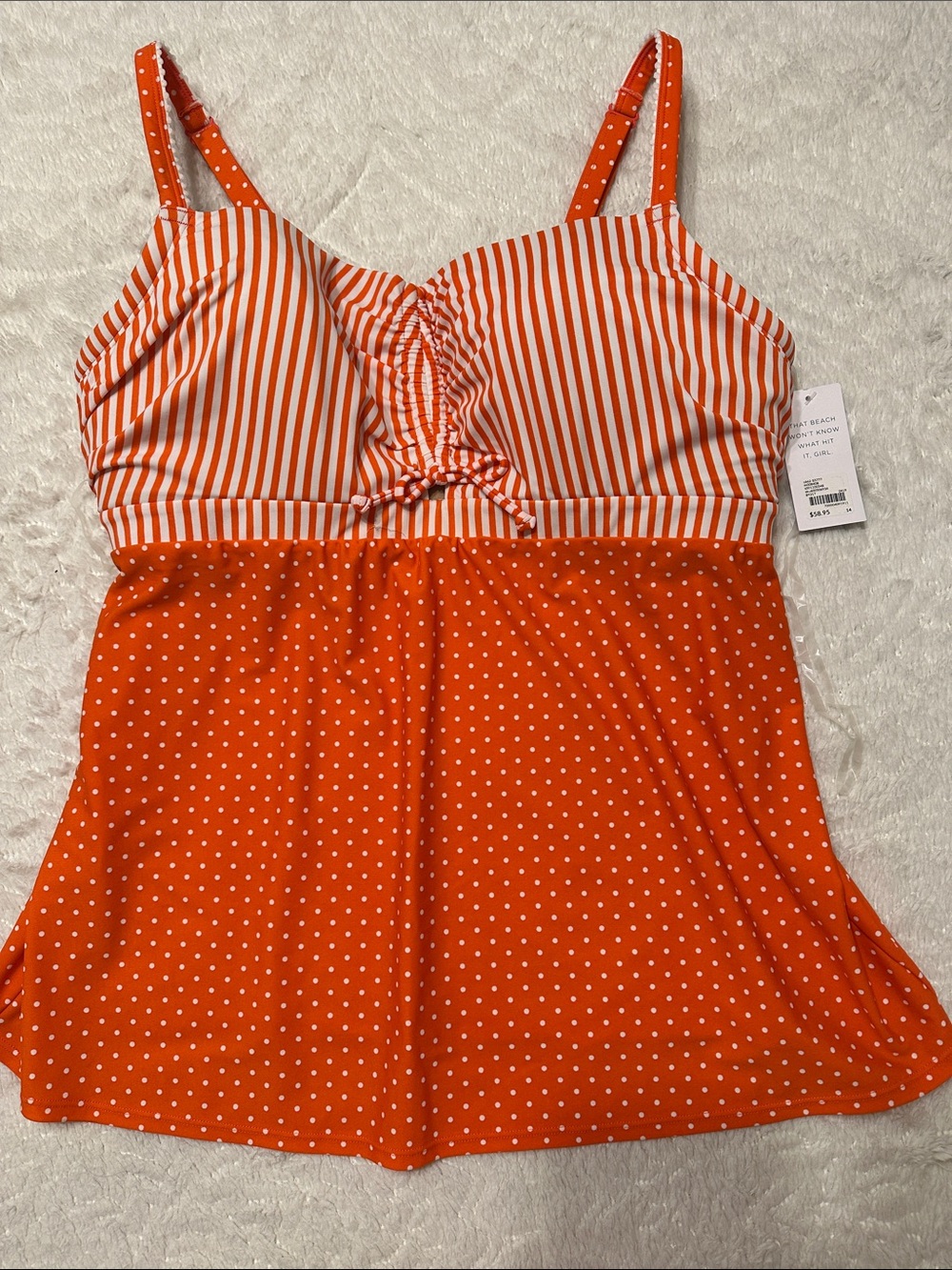 New With Tags Cacique Orange and White Polka Dot & Stripe Tankini Top Size 14